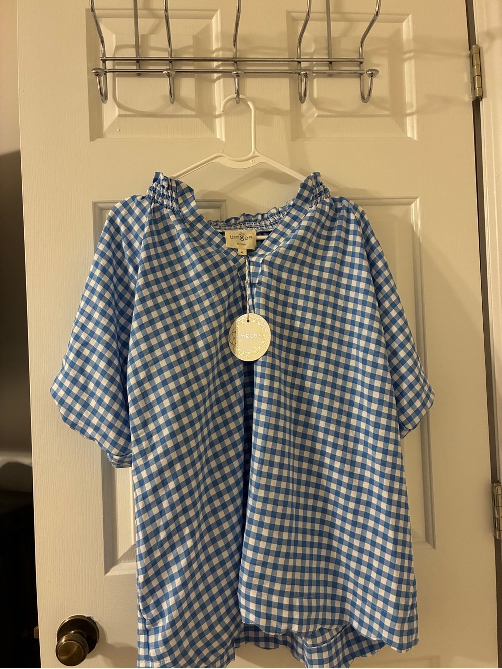 Umgee Blue and White Gingham Peasant Blouse